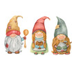 Cute watercolor gnomes with a spoon, gingerbread and a sack of flour in funny hats with a beard and braids in red-green beige colors for design