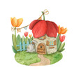 Cute watercolor house with a tulip flower roof with cute windows, door, blue fence, garland of flags and bags of flour and green lawn