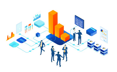 Isometric 3D business environment. Business management infographic. Isometric working space, business people working together in server room, generating fresh content and new ideas, success