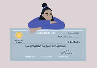 Financial operations, a young female Asian character leaning on a bank paper check template