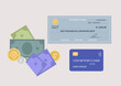 © nadia_snopek - A set of different payment methods, a plastic credit card, a bank check, paper money and coins