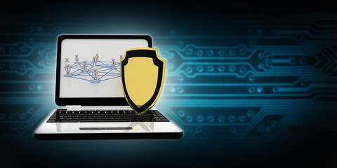Poster - laptop with shield. Isolated 3d rendering image