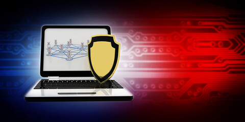 Poster - laptop with shield. Isolated 3d rendering image