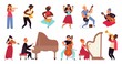 © MicroOne - Musicians characters. Flat pop star, young people band. Cartoon guitarist, jazz concert and singer. Isolated music artist decent vector set