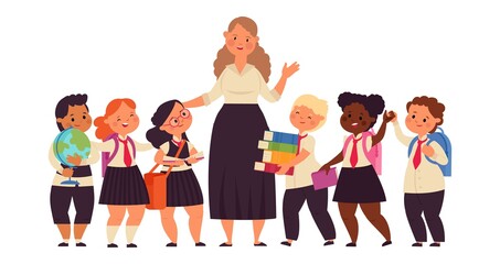 Sticker - Happy kids with teacher. Student college teacher, cartoon kid of elementary school. Diverse boy girl group, education decent vector characters