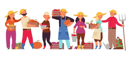 Sticker - Cartoon farmers group. Farm family working, man woman agricultural workers. Garden community, agriculture harvesting decent vector concept