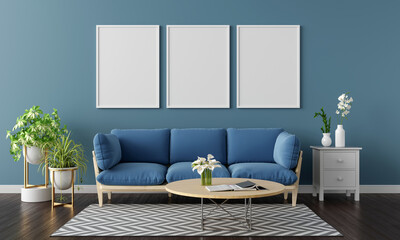 Blue sofa in living room with Three frame mockup, 3D rendering