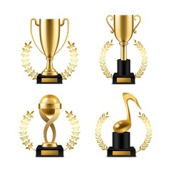Wall Mural - cup trophy with golden laurel. realistic gold sports or music winner awards. victory goblet with wre
