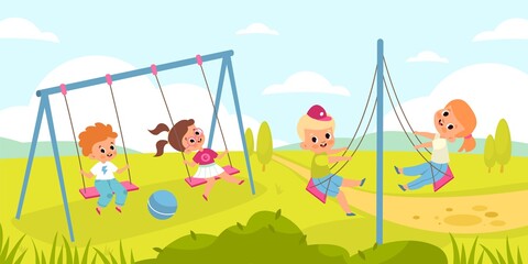 Poster - Children rope swings. Funny kids play outdoor, fly back and forth different types seesaws, boys and girl activity on nature. School or kindergarten playground summer landscape vector concept