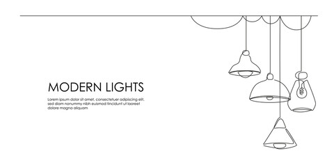 Poster - Set of loft lamps and iron lampshades in one line drawing. Horizontal banner in minimalistic Industrial style. Vector illustration of Hanging vintage chandelier and pendant lamps with Edison bulbs