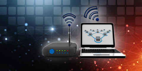 Poster - 3d rendering Transmitter wifi modem with laptop

