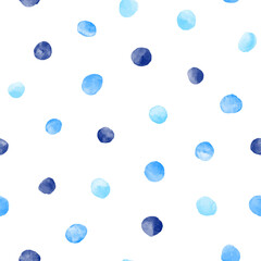 navy, sky blue vector watercolor round spots, polka dots seamless repeat vector pattern. watercolour