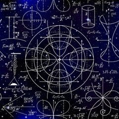 Beautiful vector seamless pattern with mathematical figures, plots and formulas, handwritten on the starry space background