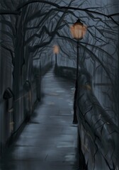 Illustration of the dark trail at night. Glowing lanterns. Stone path and railings. Monochrome. Background.