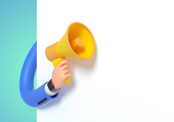 Wall Mural - 3d render, funny cartoon character hand in blue sleeve, hand with megaphone to blank banner with copy space, white background. Advertisement poster mockup, attention concept