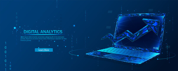 Poster - digital analytics. the up arrow is displayed on the computer screen. polygon vector. business concep