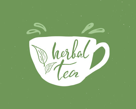 Herbal Tea lettering handwritten sign, Hand drawn grunge calligraphic text. Vector illustration