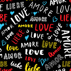 Wall Mural - Love lettering seamless pattern vector illustration. Love written in different languages romantic words background