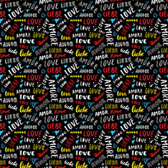 Wall Mural - Love lettering seamless pattern vector illustration. Love written in different languages romantic words background