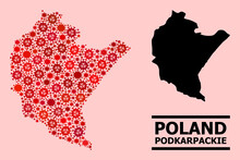Vector Covid Mosaic Map Of Podkarpackie Province Designed For Medicare Projects. Red Mosaic Map Of Podkarpackie Province Is Made Of Biohazard Covid Infection Parts.