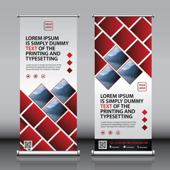 Red style business roll up stand banner design template. advertising, conference vertical stand vector illustration