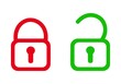 OPEN PADLOCK AND CLOSED PADLOCK ICON. RED AND GREEN WITH WHITE BACKGROUND.