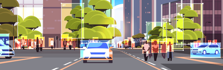 Poster - detection and identification of people and cars on city street roads facial recognition AI analyze big data concept