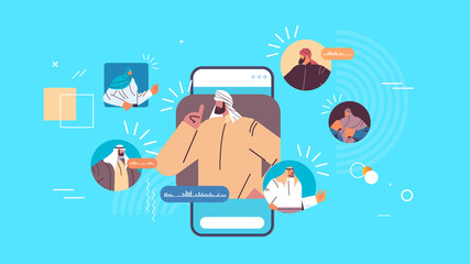 Poster - arabic people communicating in instant messengers by voice messages audio chat app social media online communication