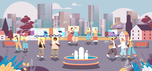 Poster - detection and identification of people in urban park facial recognition system AI analyze big data concept