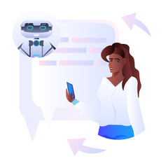 Poster - african american woman discussing with robot chatbot assistant in mobile messenger app artificial intelligence