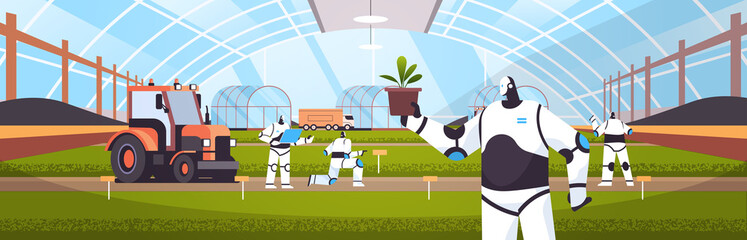 Poster - robots working on organic products industrial plantation growing plants smart farming agribusiness