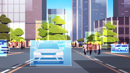 Poster - detection and identification of people and cars on city street roads facial recognition AI analyze big data concept