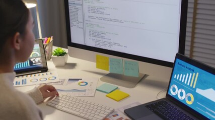 Back view young asia female people analyst coder code language multiple screen cloud online computing ai deep tech work at home office late night reskill upskill, future agile cyber ux web design job.