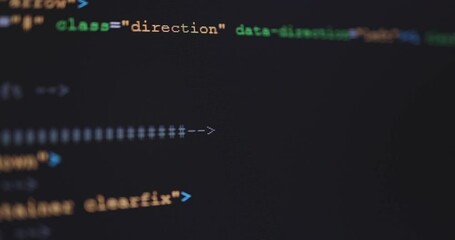 Aufkleber - 4K Close up shot HTML tag code on PC Monitor scroll down. Background concept for programming and coding web development.