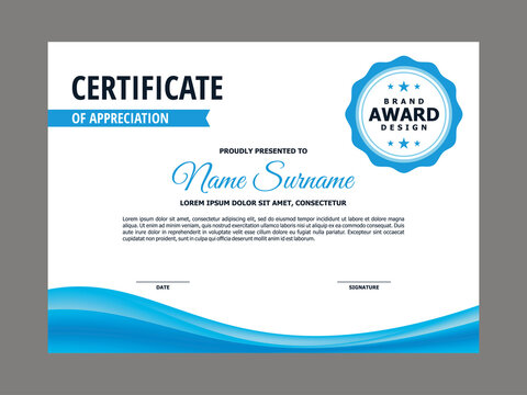 Abstract Smooth Certificate with Fresh Blue Wave Element Design, Professional, Modern, Elegant Certificate with Soft Blue Mesh Gradient Background Template Vector