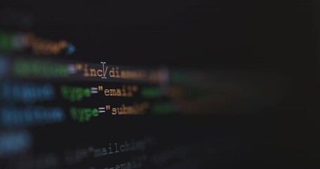 Aufkleber - 4K Close up shot HTML tag code on PC Monitor scroll down. Background concept for programming and coding web development.