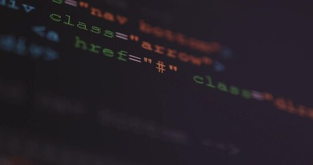 Aufkleber - 4K Close up shot HTML tag code on PC Monitor scroll down. Background concept for programming and coding web development.