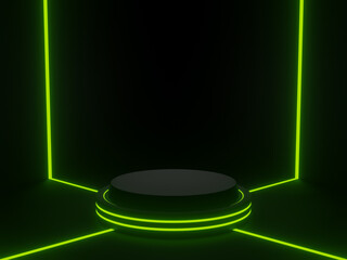 3D rendered black geometric stand with green neon light. Dark background
