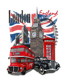 Fototapeta Londyn - London typography for t-shirt print with Big Ben,retro car,bus and red phone booth.