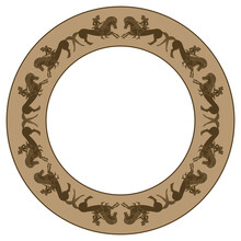 Round Vintage Frame With Riders On Horses. Ancient Greek Vase Painting Pattern. Monochrome Brown Silhouettes.