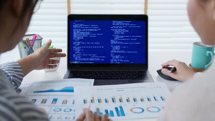 Close up two asia female people analyst coder code language laptop screen cloud online computing ai deep tech work at office desk reskill upskill, future agile cyber ux web design woman worker job.