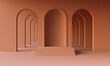 3D mock up podium in empty abstract minimalistic terracotta room with arches for product presentation. Stylish modern platform in mid century style in an earthy or burnt orange palette. 3D render