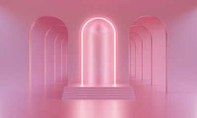 3D mock up podium in a bright pink empty room with arches and neon pink lighting. Abstract minimalistic bright trendy background for product presentation. Modern platform in mid century style.