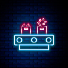 Glowing Neon Line Conveyor Belt With Cardboard Box Icon Isolated On Brick Wall Background. Colorful Outline Concept. Vector