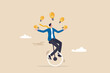 Creativity and ideas, innovation or skill to success in business, skillful businessman riding unicycle juggling lightbulb lamp metaphor of plenty ideas.