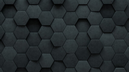 Hexagonal, Polished Mosaic Tiles arranged in the shape of a wall. Semigloss, Concrete, Bricks stacked to create a 3D block background. 3D Render