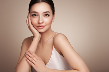 portrait beautiful young woman with clean fresh skin. model with healthy skin, close up portrait. co