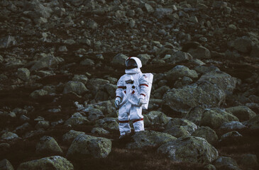 Wall Mural - astronaut exploring a new planet. searching for a new home for humanity. concept about science and n