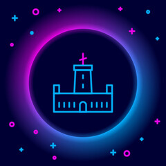 Sticker - Glowing neon line Montjuic castle icon isolated on black background. Barcelona, Spain. Colorful outline concept. Vector