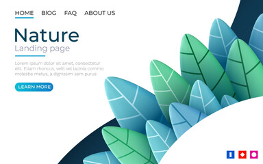 Landing page template with green trendy exotic palm leaves background. Tropical botanical design. Concept for website development
